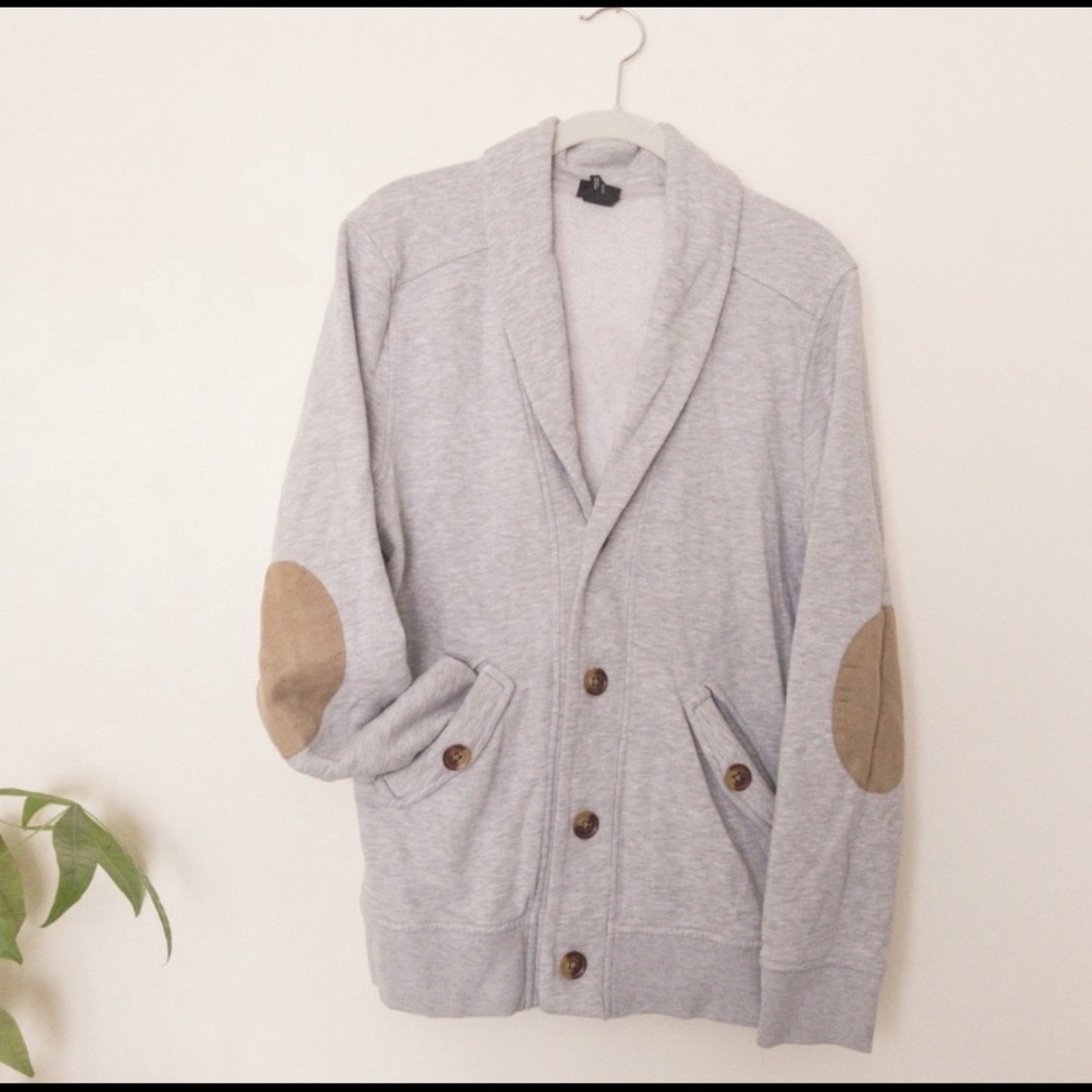 Shawl-collar cardigan w/ suede elbow patches